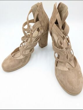 Restricted Taupe Suede Lace-Up Block Heel Pumps